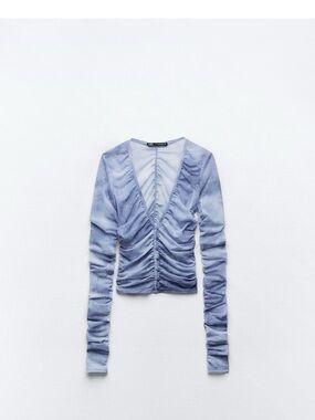 Zara Light Blue Ruched V-Neck Long Sleeve Top